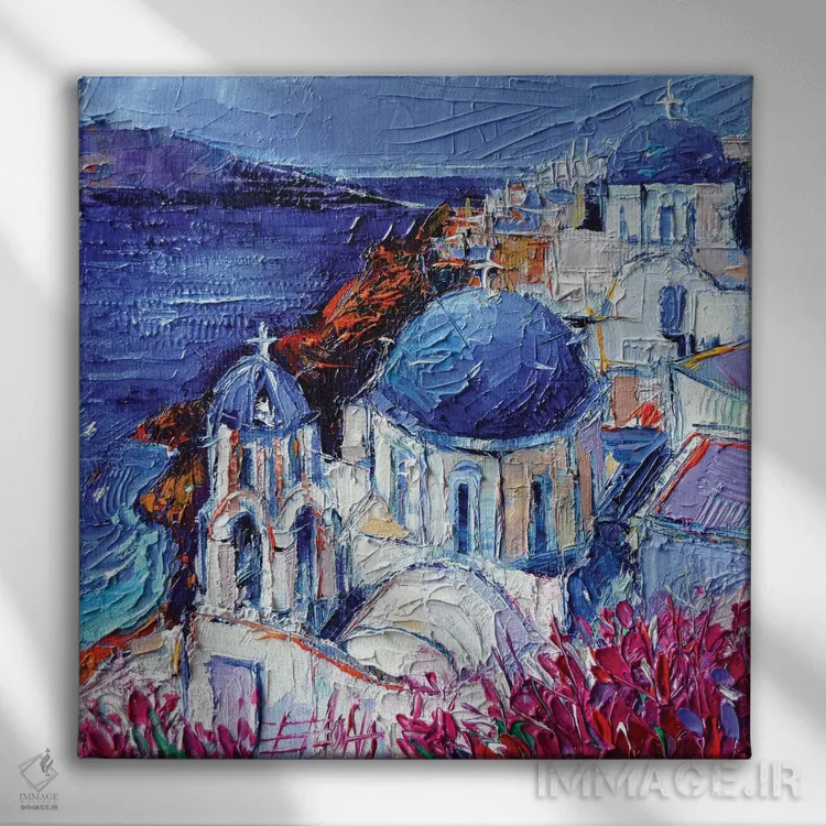 تابلو دکوراتیو کلیساهای گنبدآبی در اویا سانتورینی اثر مونا ادولسکو - نمای روبهرو روی دیوار