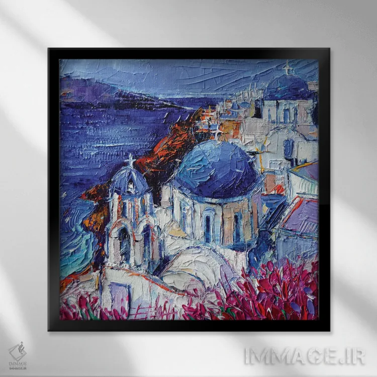 تابلو دکوراتیو کلیساهای گنبدآبی در اویا سانتورینی اثر مونا ادولسکو - نمای قابدار مشکی