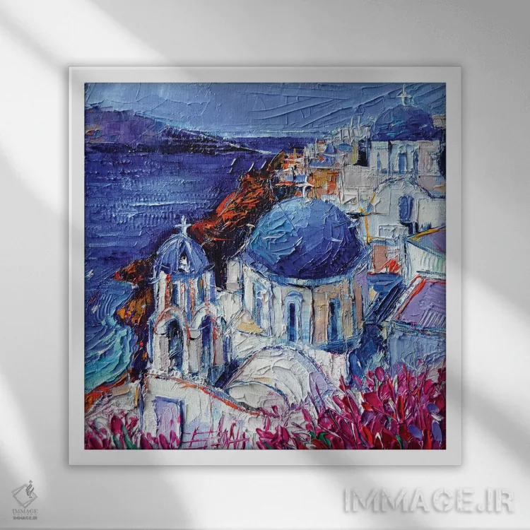 تابلو دکوراتیو کلیساهای گنبدآبی در اویا سانتورینی اثر مونا ادولسکو - نمای قابدار سفید