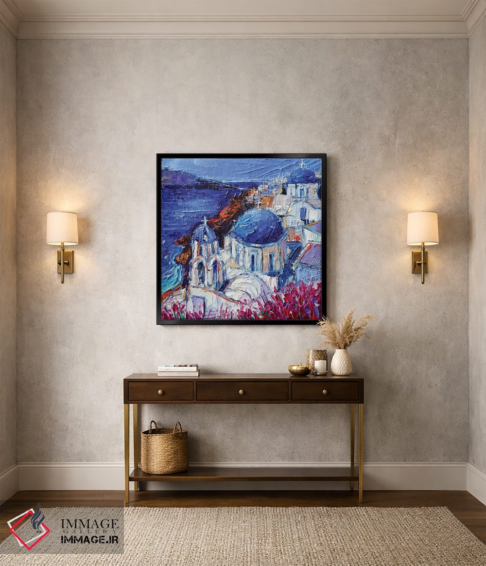 تابلو دکوراتیو کلیساهای گنبدآبی در اویا سانتورینی اثر مونا ادولسکو - D3B