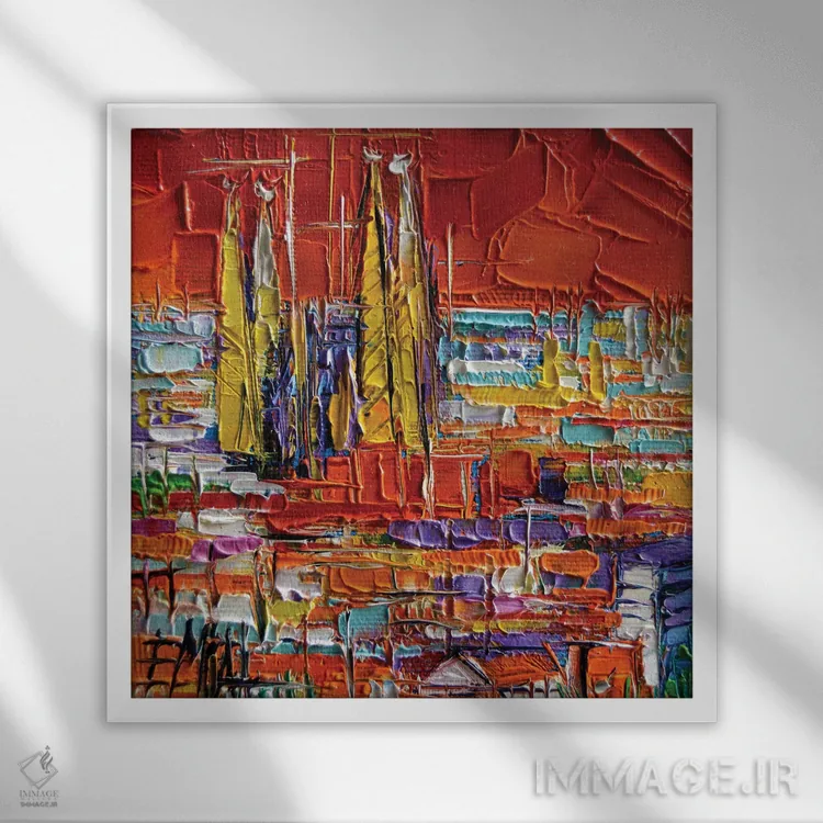 تابلو انتزاعی منظره بارسلونا از پارک گوئل اثر مونا ادولسکو - نمای قابدار سفید