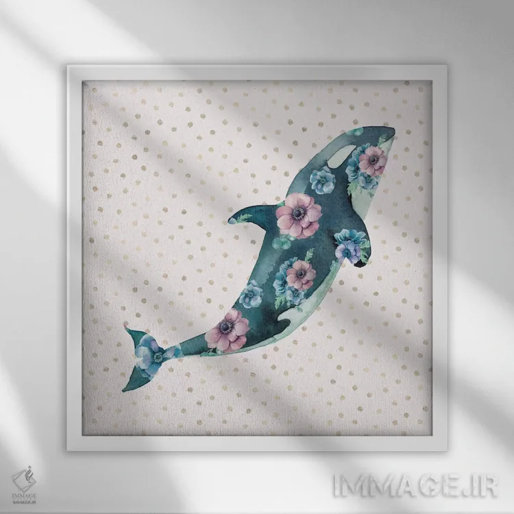 تابلو دکوراتیو نهنگ صورتی و آبی با گل های اقیانوسی اثر نیچر مجیک - نمای قابدار سفید