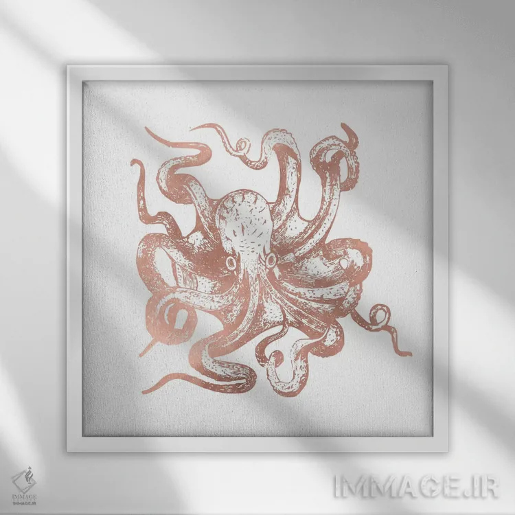 تابلو دکوراتیو اختاپوس رزگلد اثر نیچر مجیک - نمای قابدار سفید