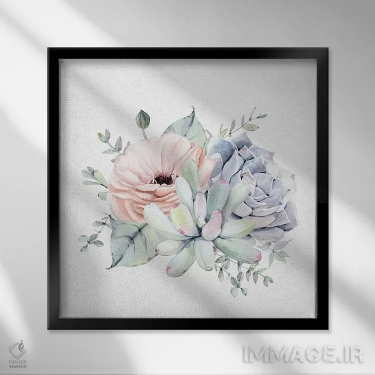 تابلو دکوراتیو ساکولنت های گلدار جنوب غربی سبز نعناعی I اثر نیچر مجیک - نمای قابدار مشکی