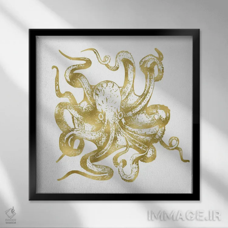 تابلو دکوراتیو اختاپوس طلایی کلاسیک اثر نیچر مجیک - نمای قابدار مشکی