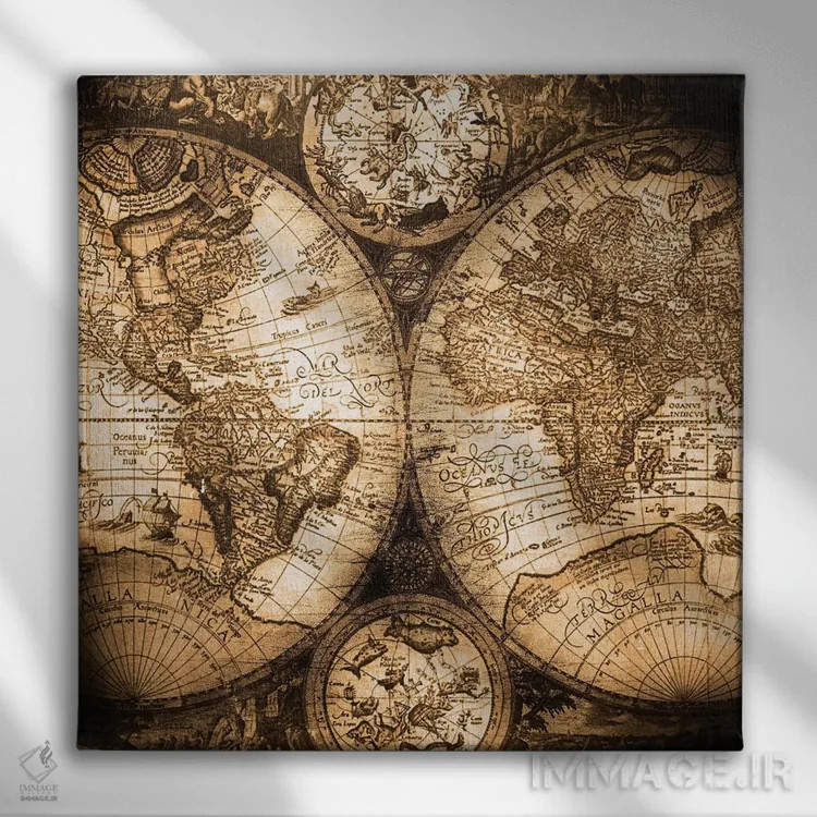 تابلو دکوراتیو نقشه جهان عتیقه اثر نیچر مجیک - نمای روبهرو روی دیوار