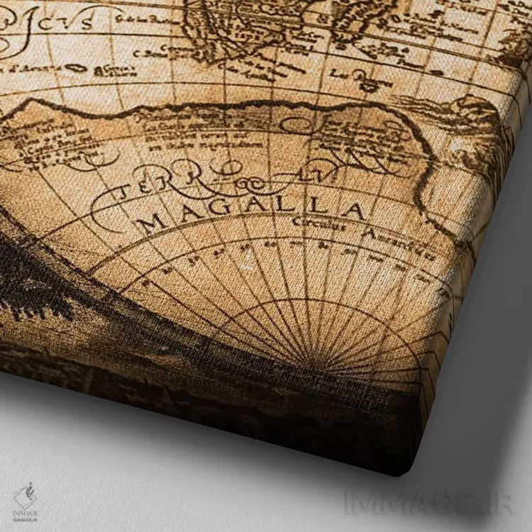 تابلو دکوراتیو نقشه جهان عتیقه اثر نیچر مجیک - نمای نزدیک بافت بوم