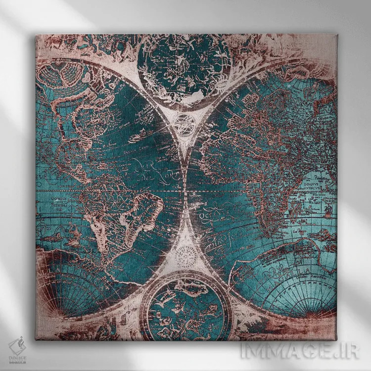 تابلو دکوراتیو نقشه جهان عتیقه IV اثر نیچر مجیک - نمای روبهرو روی دیوار