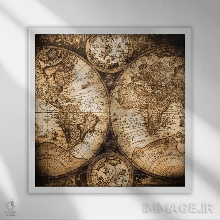تابلو دکوراتیو نقشه جهان عتیقه اثر نیچر مجیک - نمای قابدار سفید