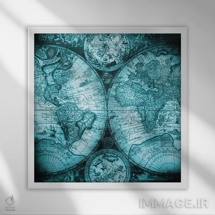 تابلو دکوراتیو نقشه جهان عتیقه V اثر نیچر مجیک - نمای قابدار سفید