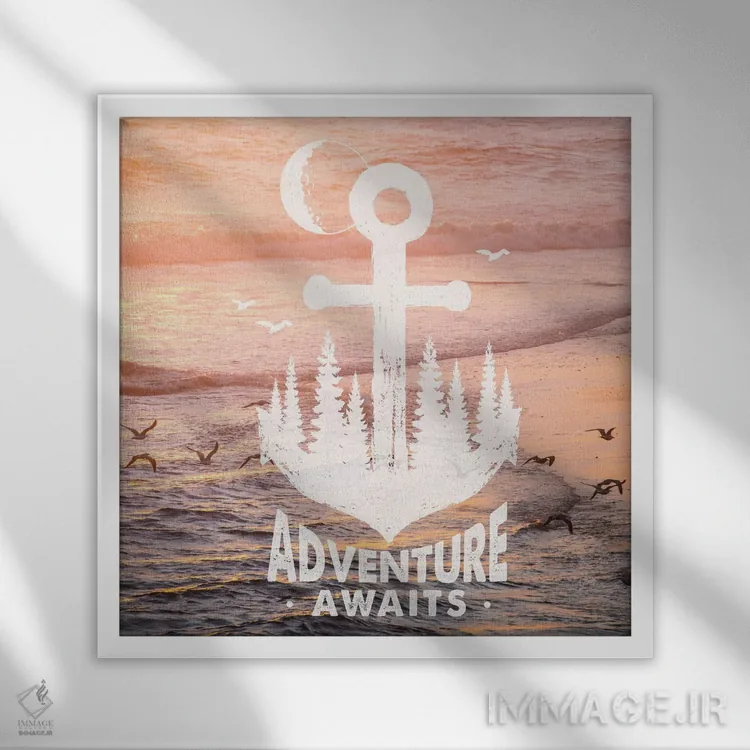 تابلو دکوراتیو ماجراجویی در انتظار است: لنگر در غروب با مرغ دریایی اثر نیچر مجیک - نمای قابدار سفید