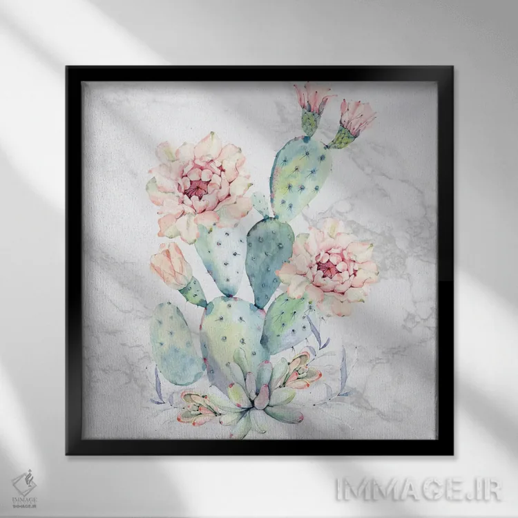 تابلو دکوراتیو آبرنگ گل کاکتوس روی مرمر اثر نیچر مجیک - نمای قابدار مشکی