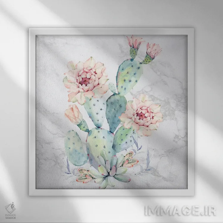 تابلو دکوراتیو آبرنگ گل کاکتوس روی مرمر اثر نیچر مجیک - نمای قابدار سفید