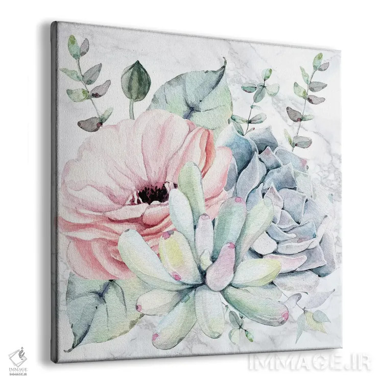 تابلو دکوراتیو آبرنگ گل های ساکولنت روی مرمر اثر نیچر مجیک - نمای پرسپکتیو محصول