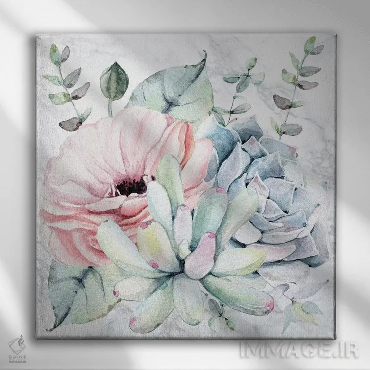 تابلو دکوراتیو آبرنگ گل های ساکولنت روی مرمر اثر نیچر مجیک - نمای روبهرو روی دیوار