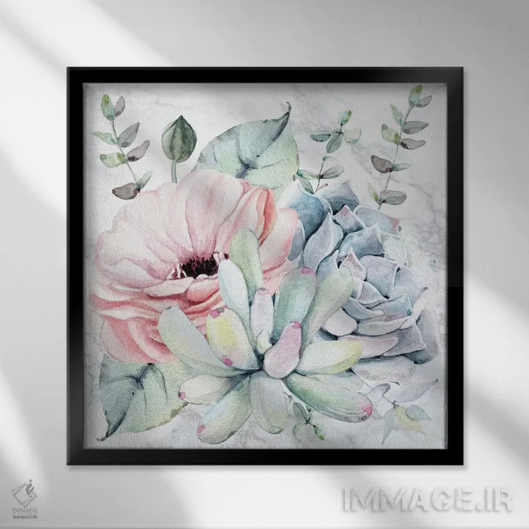 تابلو دکوراتیو آبرنگ گل های ساکولنت روی مرمر اثر نیچر مجیک - نمای قابدار مشکی