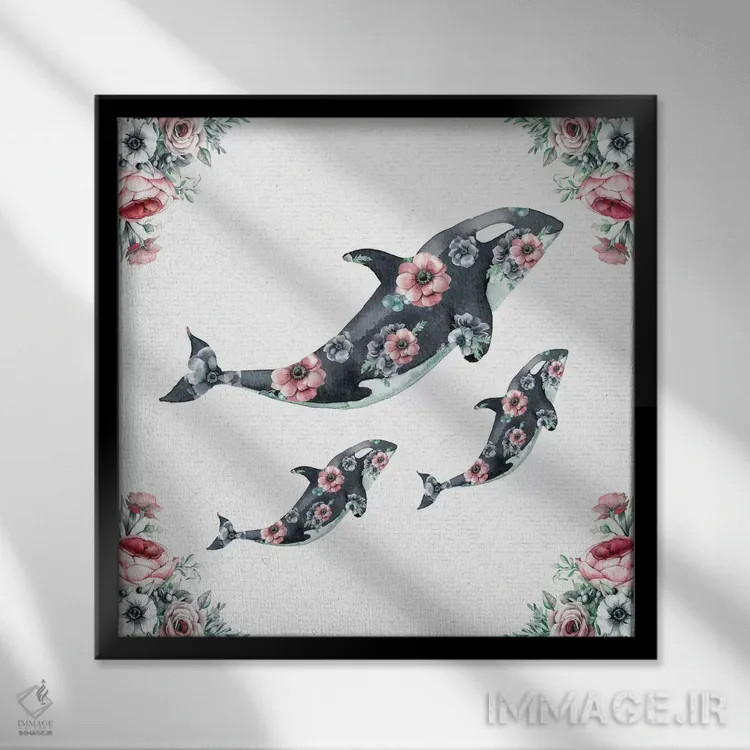 تابلو دکوراتیو نهنگ های گلدار با آبرنگ اثر نیچر مجیک - نمای قابدار مشکی