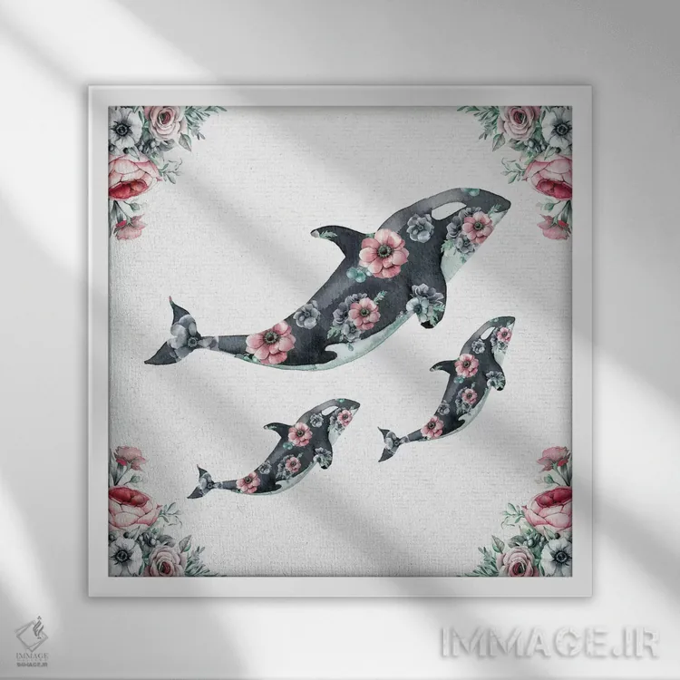 تابلو دکوراتیو نهنگ های گلدار با آبرنگ اثر نیچر مجیک - نمای قابدار سفید
