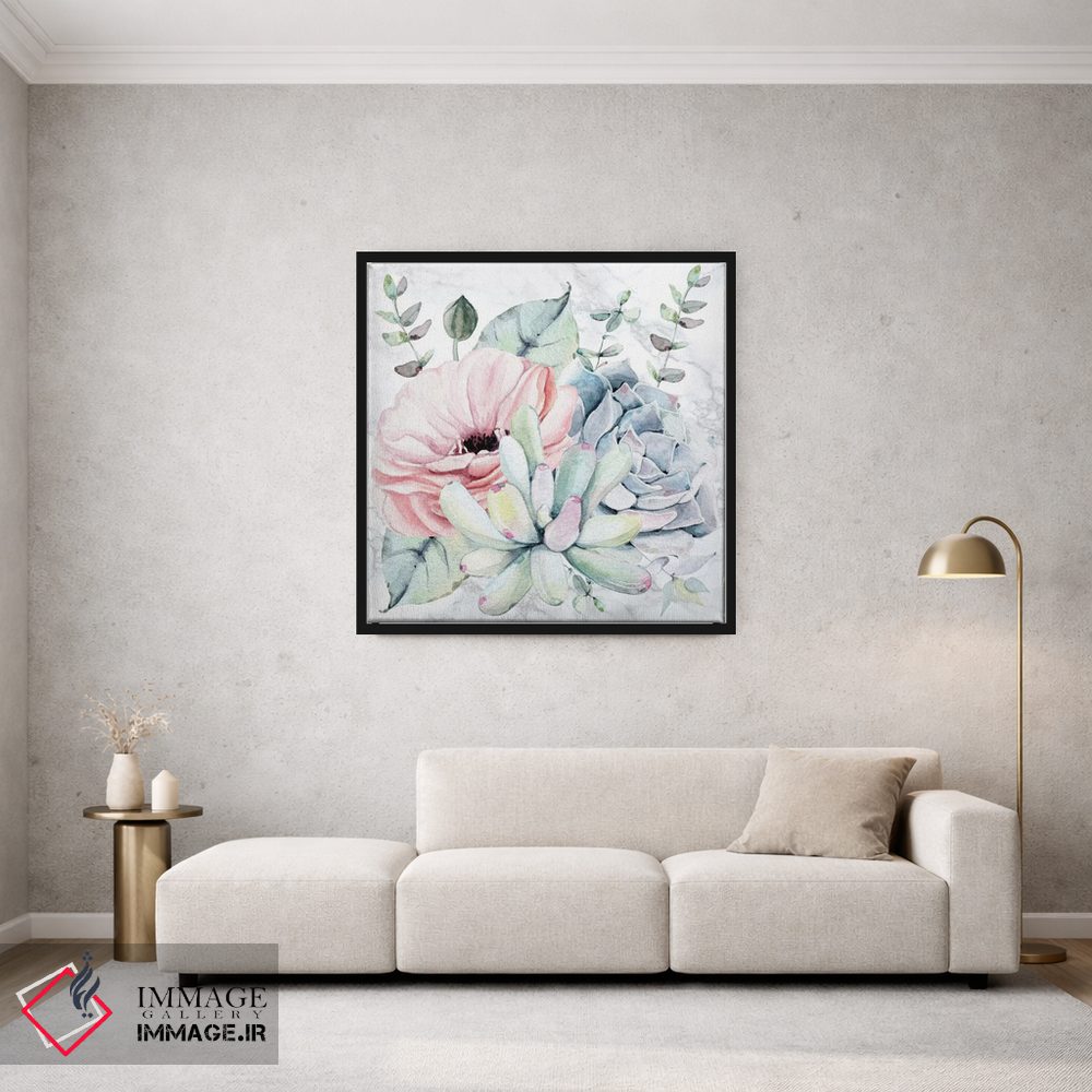 تابلو دکوراتیو آبرنگ گل های ساکولنت روی مرمر اثر نیچر مجیک - D1B