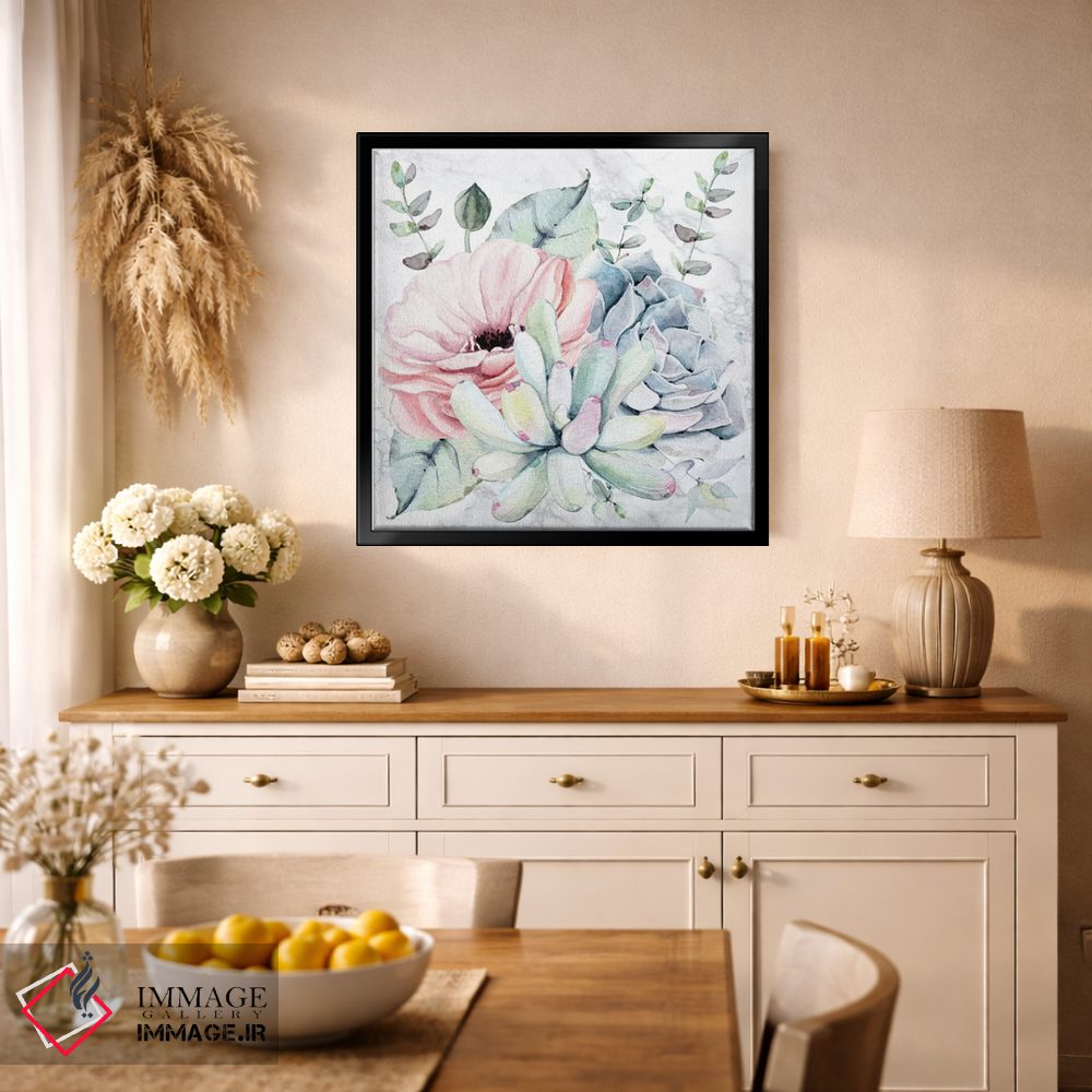 تابلو دکوراتیو آبرنگ گل های ساکولنت روی مرمر اثر نیچر مجیک - D2B