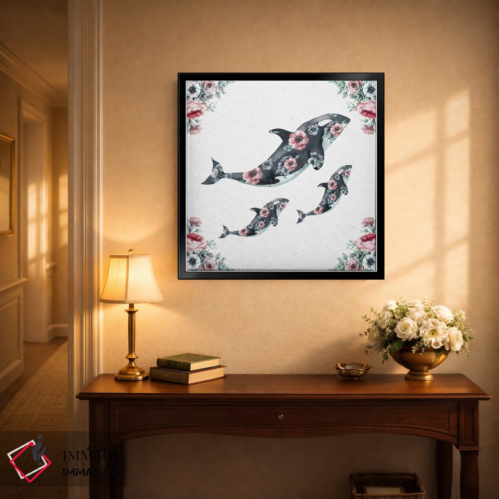 تابلو دکوراتیو نهنگ های گلدار با آبرنگ اثر نیچر مجیک - D4B