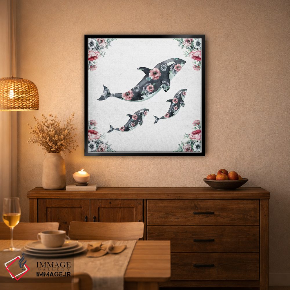 تابلو دکوراتیو نهنگ های گلدار با آبرنگ اثر نیچر مجیک - D5B