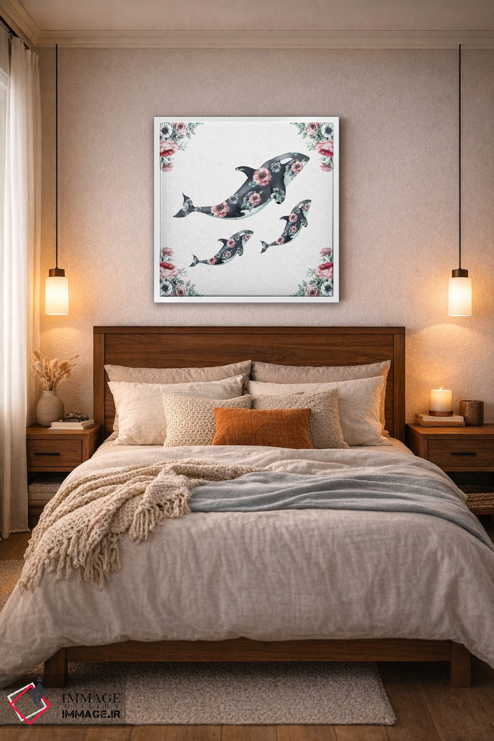 تابلو دکوراتیو نهنگ های گلدار با آبرنگ اثر نیچر مجیک - D6W