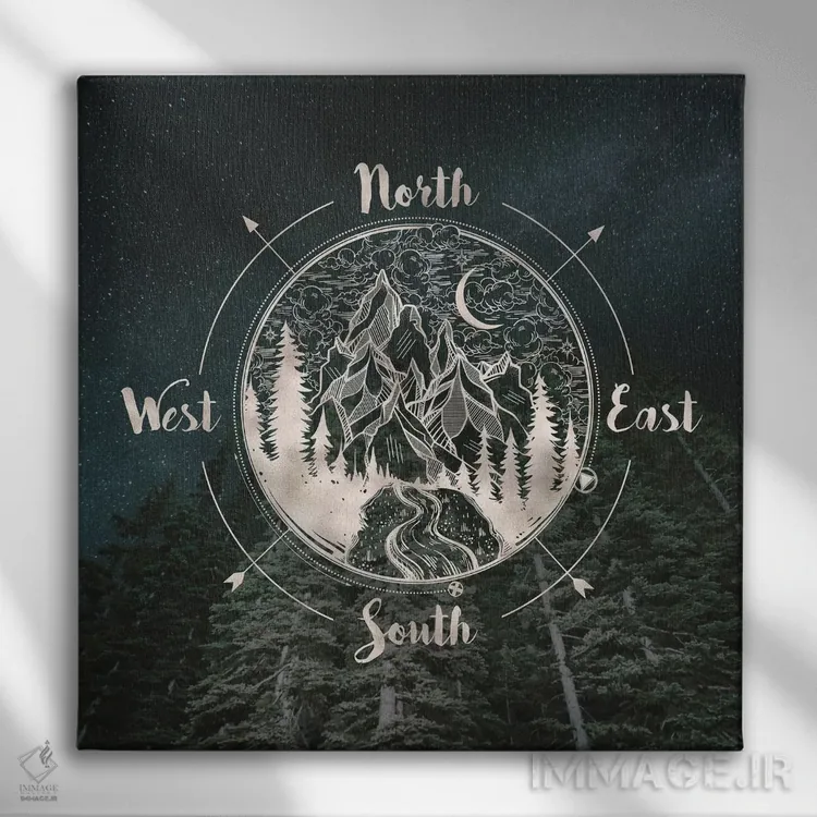 تابلو دکوراتیو راه شیری و ستارگان با قطب نمای طلایی اثر نیچر مجیک - نمای روبهرو روی دیوار