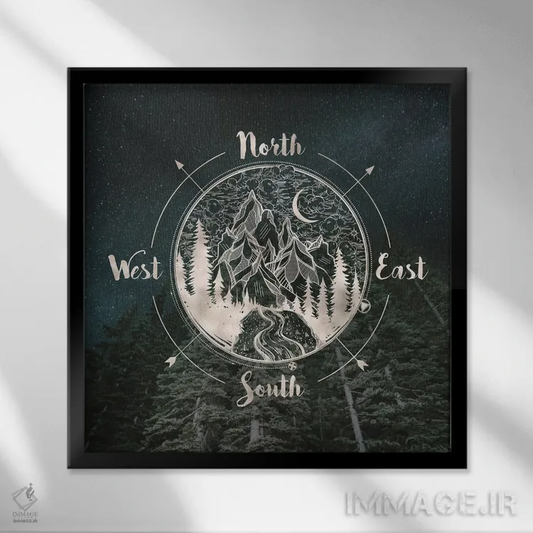 تابلو دکوراتیو راه شیری و ستارگان با قطب نمای طلایی اثر نیچر مجیک - نمای قابدار مشکی