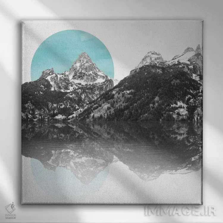 تابلو مدرن طلوع سبزآبی بر فراز دریاچه کوهستانی اثر نیچر مجیک - نمای روبهرو روی دیوار