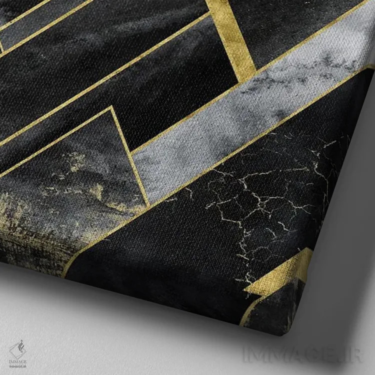 تابلو انتزاعی کوهستان هندسی مشکی و طلایی اثر نیچر مجیک - نمای نزدیک بافت بوم