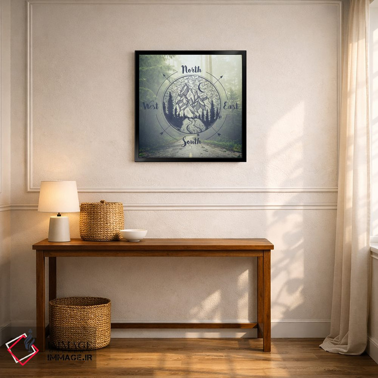 تابلو دکوراتیو درختان جنگل مه آلود و قطب نما پارک ملی سرخ چوب کالیفرنیا اثر نیچر مجیک - D5B