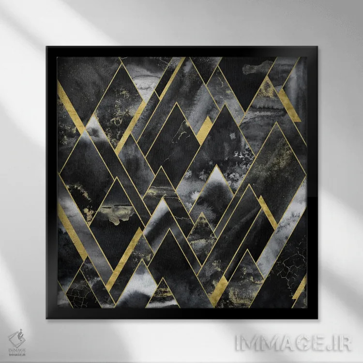 تابلو انتزاعی کوهستان هندسی مشکی و طلایی اثر نیچر مجیک - نمای قابدار مشکی