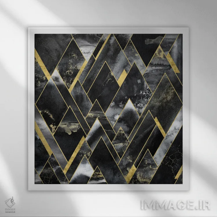 تابلو انتزاعی کوهستان هندسی مشکی و طلایی اثر نیچر مجیک - نمای قابدار سفید