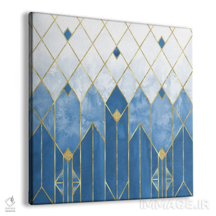 تابلو انتزاعی آبرنگ انتزاعی مدرن هندسی آرت دکو آبی و طلایی یخ زده اثر نیچر مجیک - نمای پرسپکتیو محصول