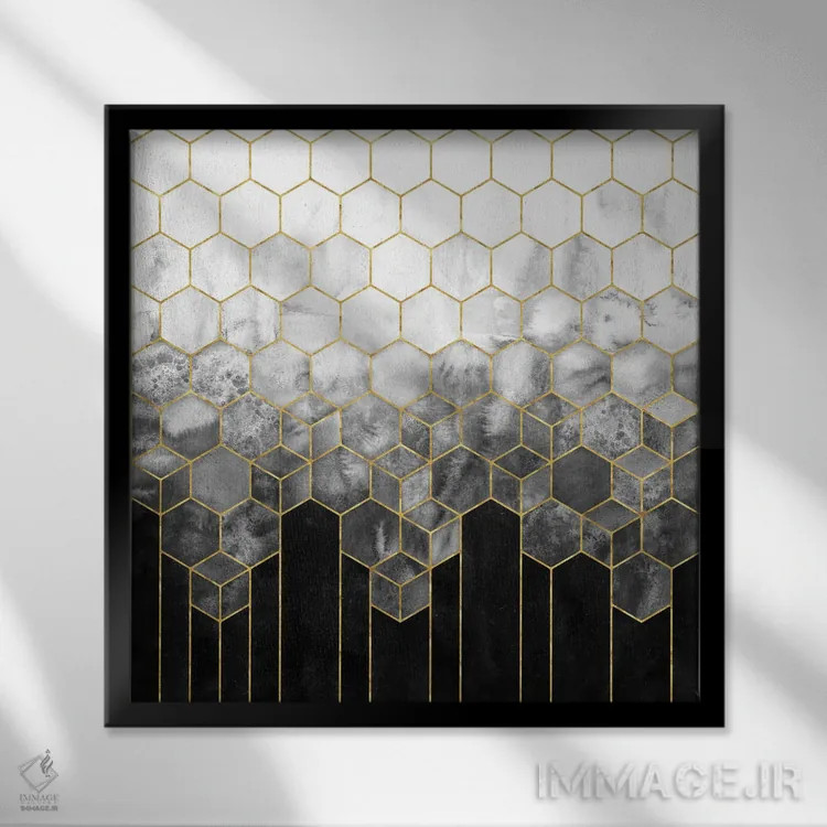 تابلو انتزاعی انتزاعی شش ضلعی هندسی مشکی و طلایی اثر نیچر مجیک - نمای قابدار مشکی