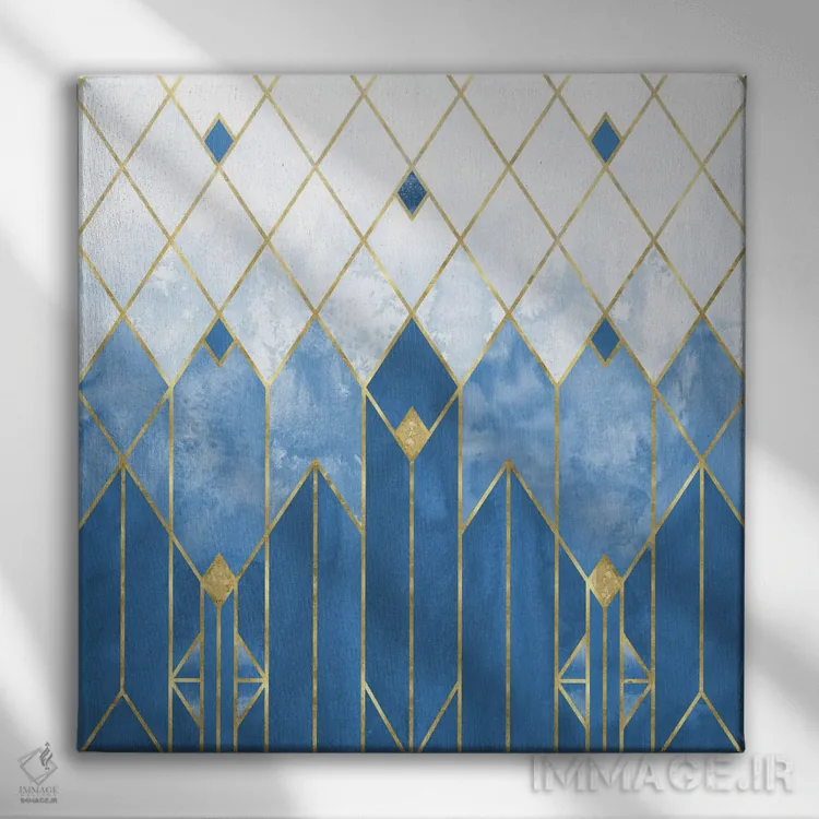 تابلو انتزاعی آبرنگ انتزاعی مدرن هندسی آرت دکو آبی و طلایی یخ زده اثر نیچر مجیک - نمای روبهرو روی دیوار