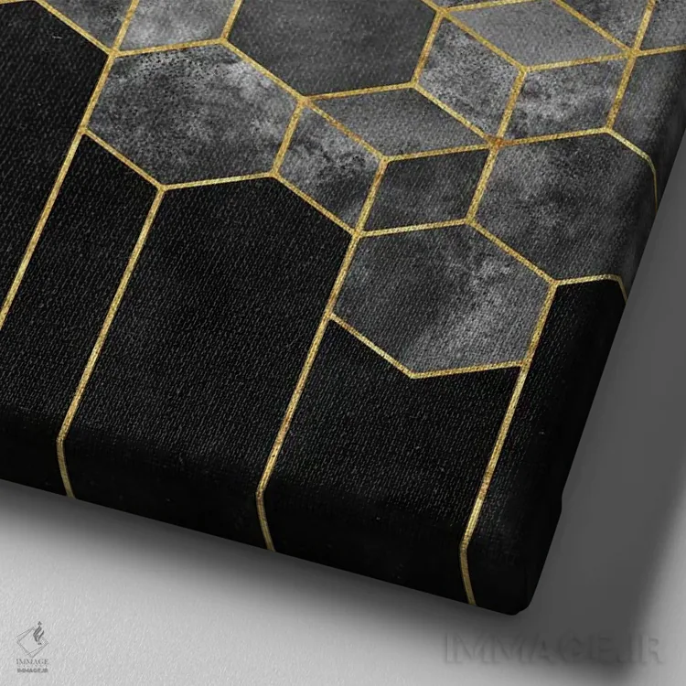 تابلو انتزاعی انتزاعی شش ضلعی هندسی مشکی و طلایی اثر نیچر مجیک - نمای نزدیک بافت بوم