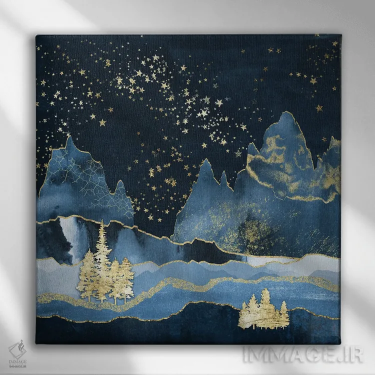 تابلو انتزاعی کوهستان جنگلی در شب پرستاره انتزاعی هندسی به رنگ سرمه ای و طلا… اثر نیچر مجیک - نمای روبهرو روی دیوار