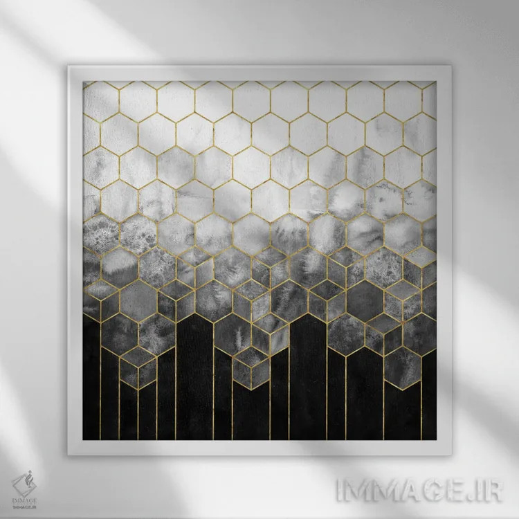 تابلو انتزاعی انتزاعی شش ضلعی هندسی مشکی و طلایی اثر نیچر مجیک - نمای قابدار سفید