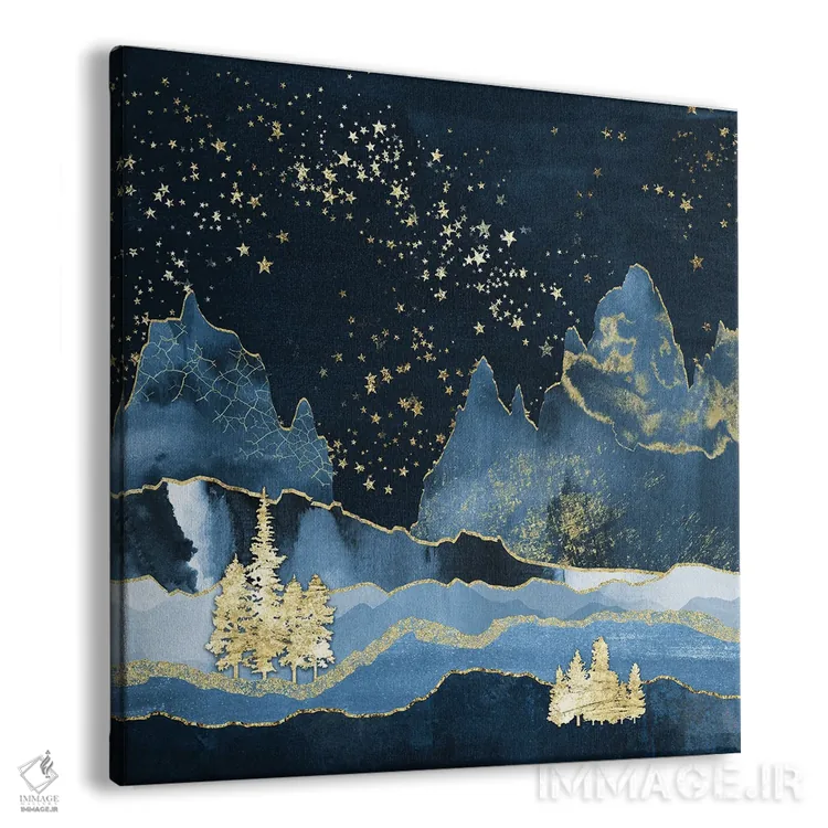 تابلو انتزاعی کوهستان جنگلی در شب پرستاره انتزاعی هندسی به رنگ سرمه ای و طلا… اثر نیچر مجیک - نمای پرسپکتیو محصول