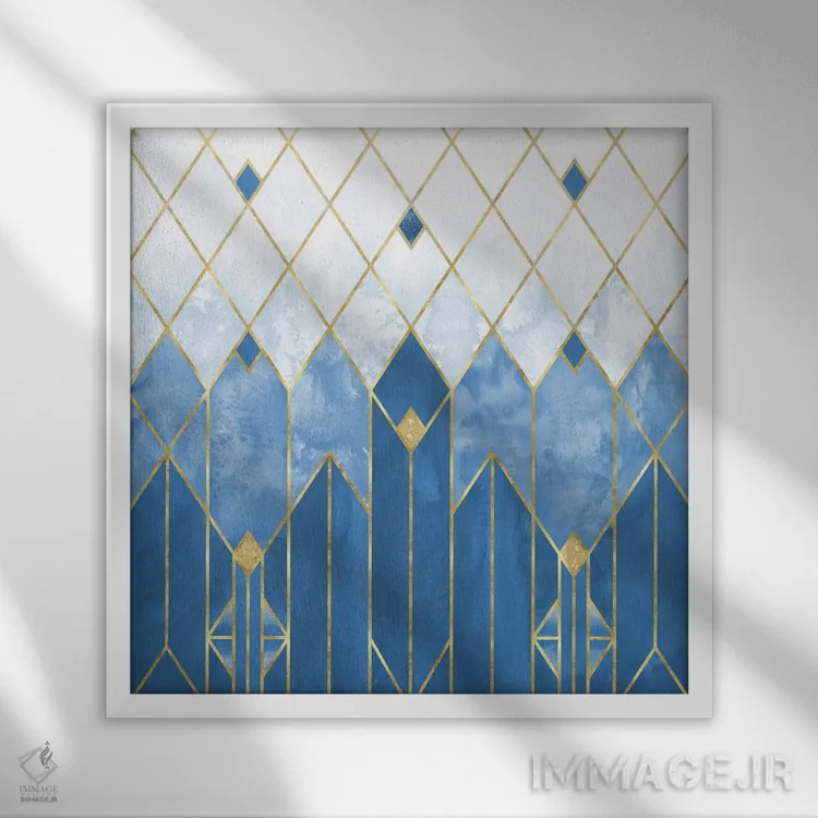 تابلو انتزاعی آبرنگ انتزاعی مدرن هندسی آرت دکو آبی و طلایی یخ زده اثر نیچر مجیک - نمای قابدار سفید