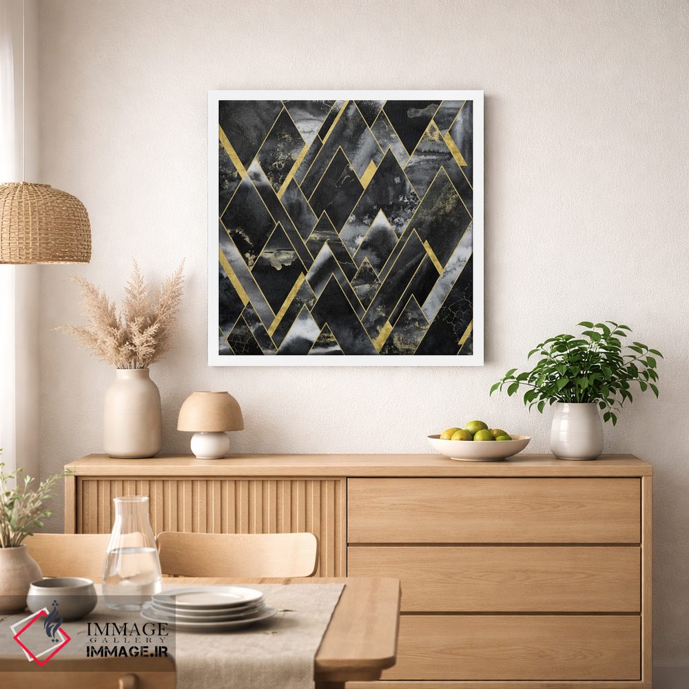 تابلو انتزاعی کوهستان هندسی مشکی و طلایی اثر نیچر مجیک - D1W