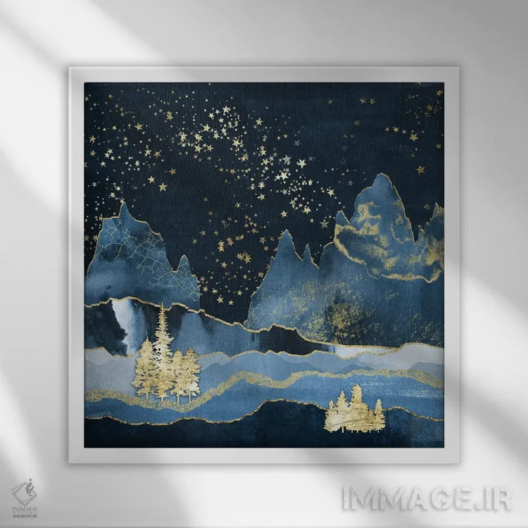 تابلو انتزاعی کوهستان جنگلی در شب پرستاره انتزاعی هندسی به رنگ سرمه ای و طلا… اثر نیچر مجیک - نمای قابدار سفید