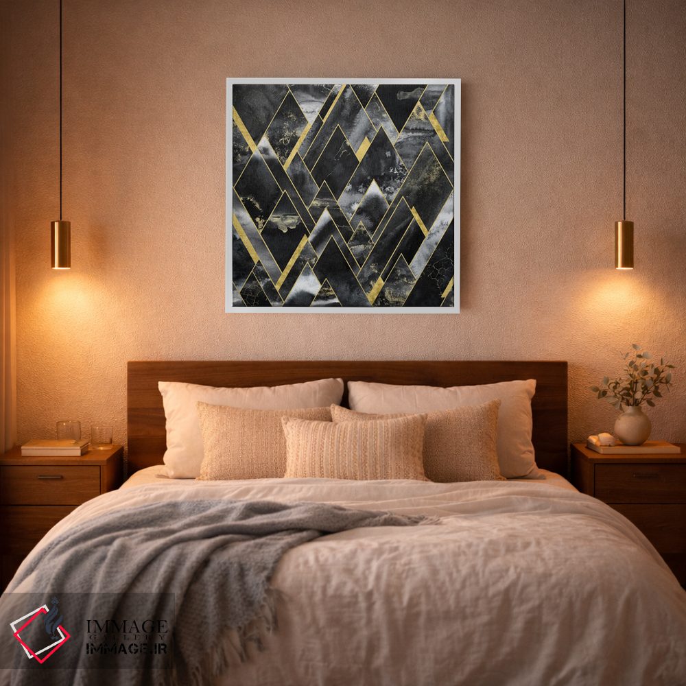 تابلو انتزاعی کوهستان هندسی مشکی و طلایی اثر نیچر مجیک - D3W