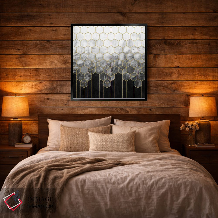 تابلو انتزاعی انتزاعی شش ضلعی هندسی مشکی و طلایی اثر نیچر مجیک - D3B