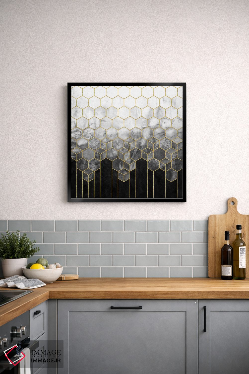 تابلو انتزاعی انتزاعی شش ضلعی هندسی مشکی و طلایی اثر نیچر مجیک - D4B