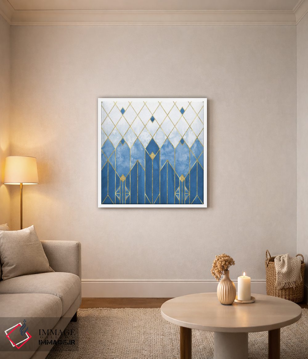 تابلو انتزاعی آبرنگ انتزاعی مدرن هندسی آرت دکو آبی و طلایی یخ زده اثر نیچر مجیک - D2W