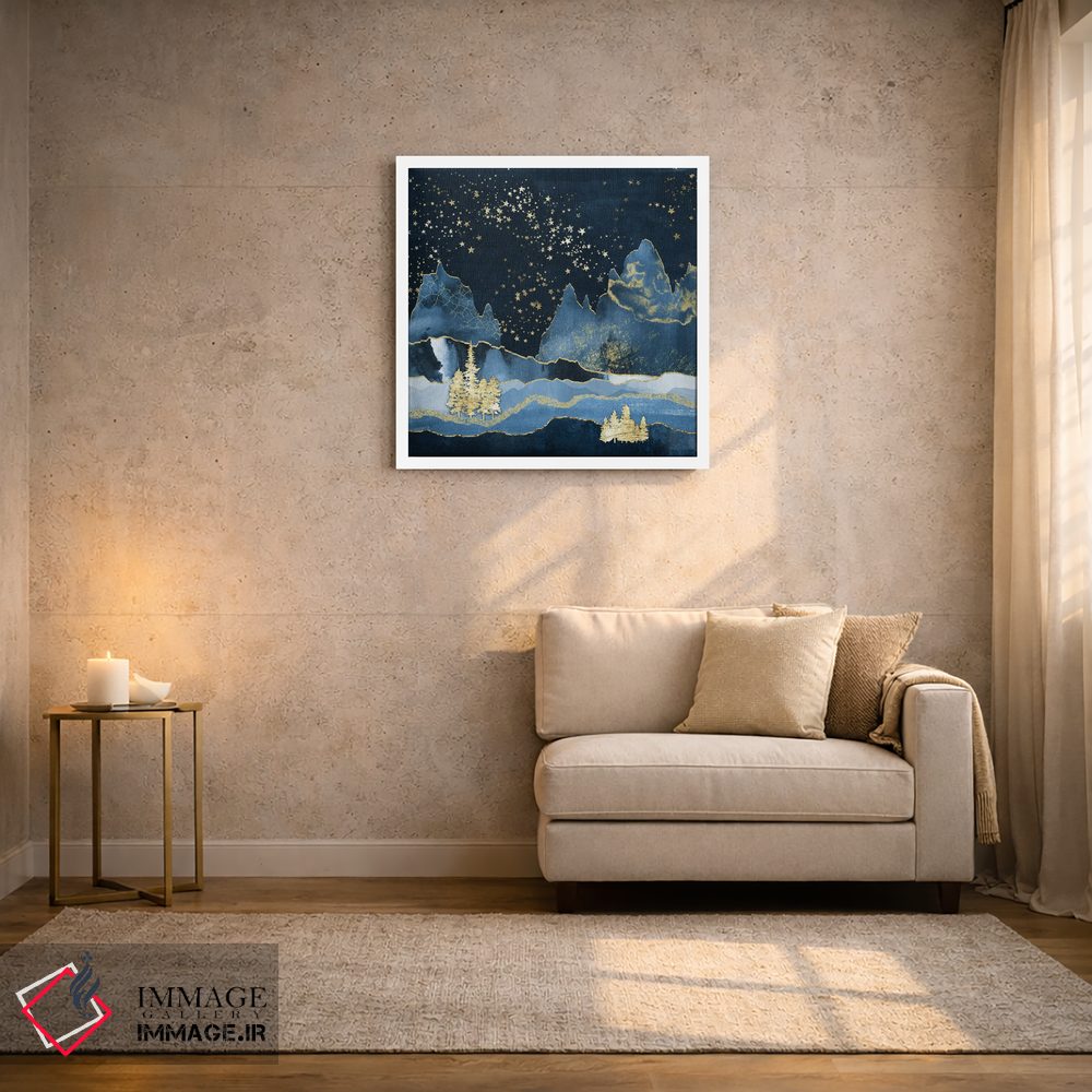 تابلو انتزاعی کوهستان جنگلی در شب پرستاره انتزاعی هندسی به رنگ سرمه ای و طلا… اثر نیچر مجیک - D1W