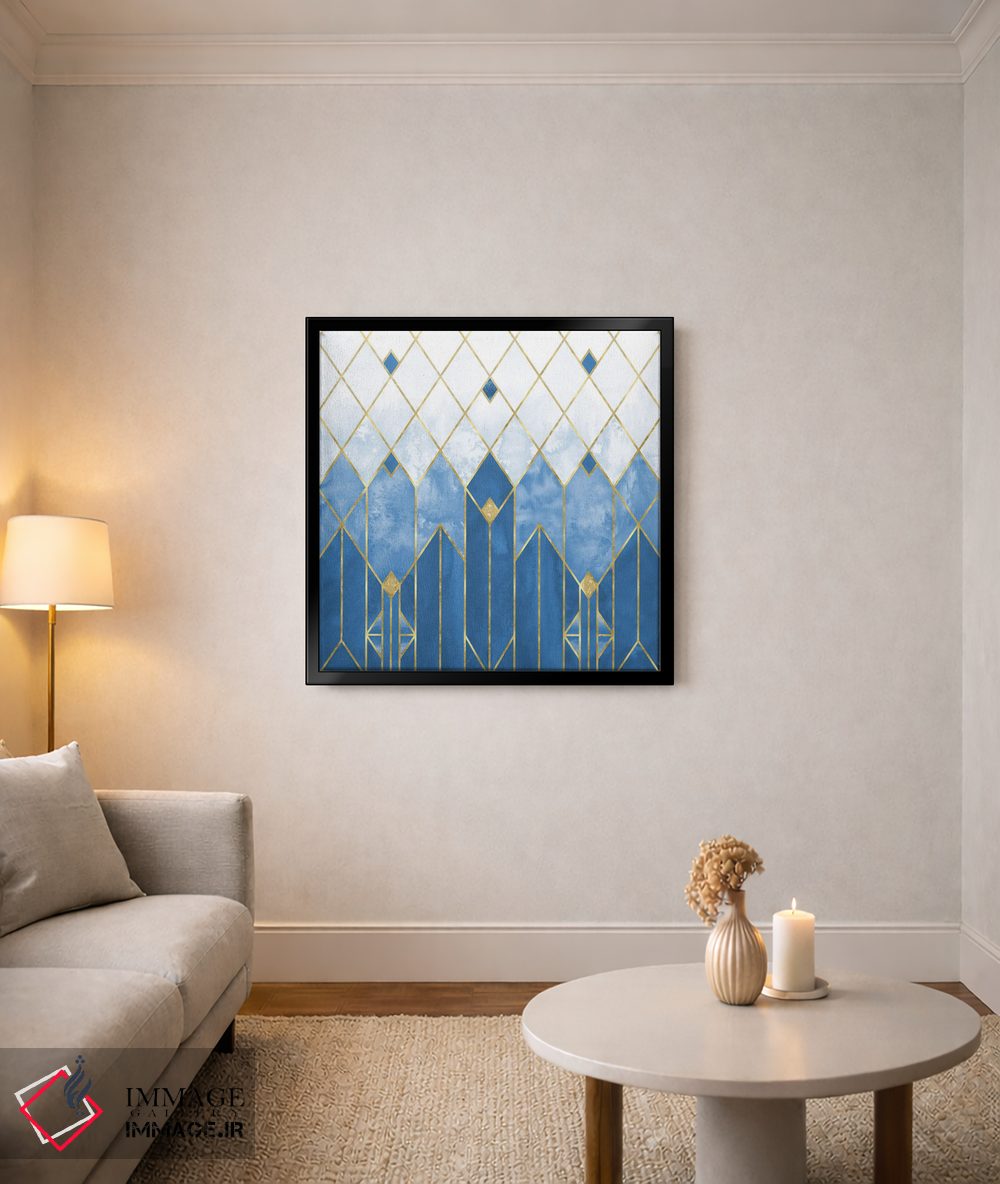 تابلو انتزاعی آبرنگ انتزاعی مدرن هندسی آرت دکو آبی و طلایی یخ زده اثر نیچر مجیک - D5B